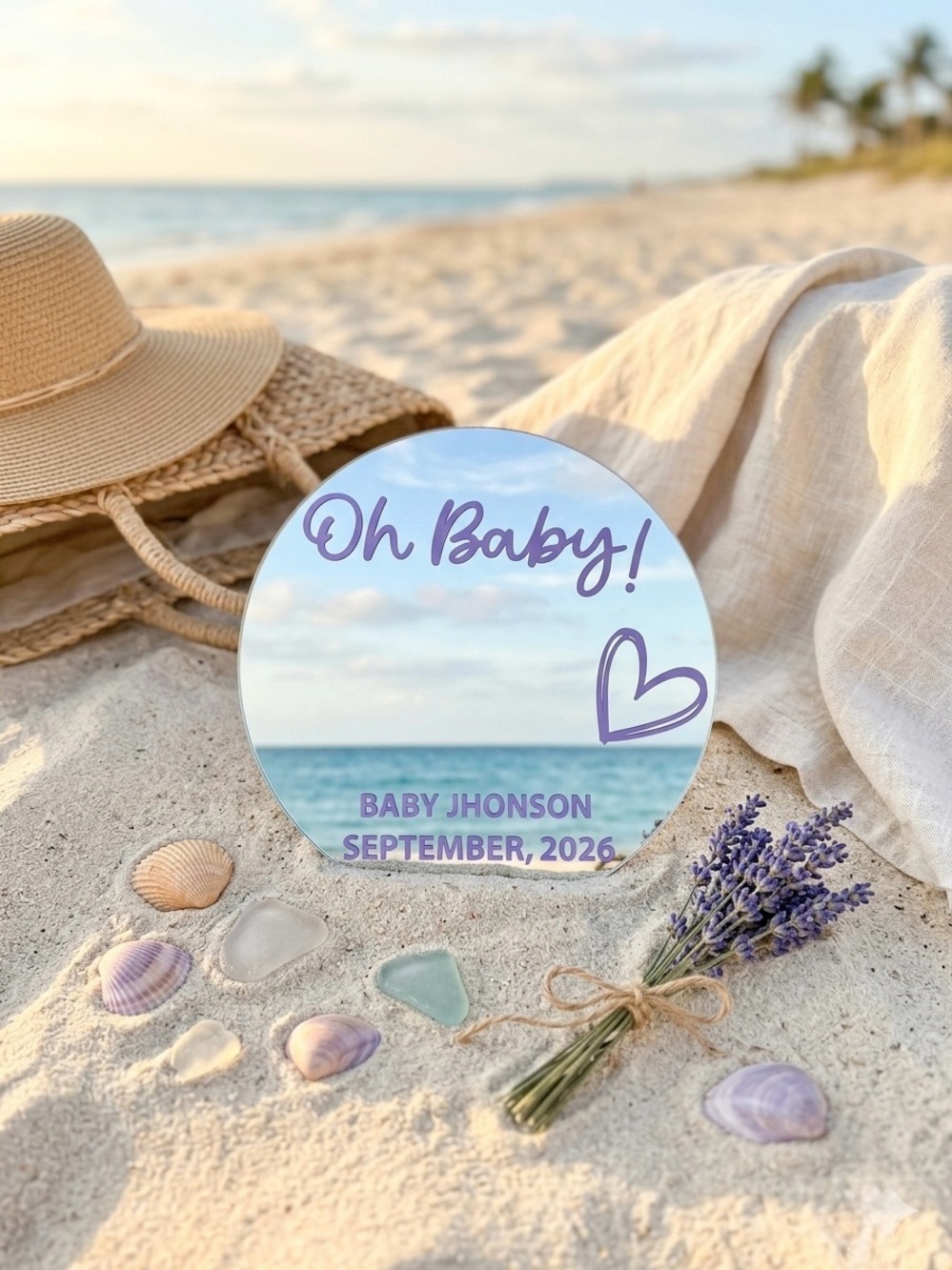 Oh Baby! Round Announcement Plaque - Lavender Text on Beach Scene